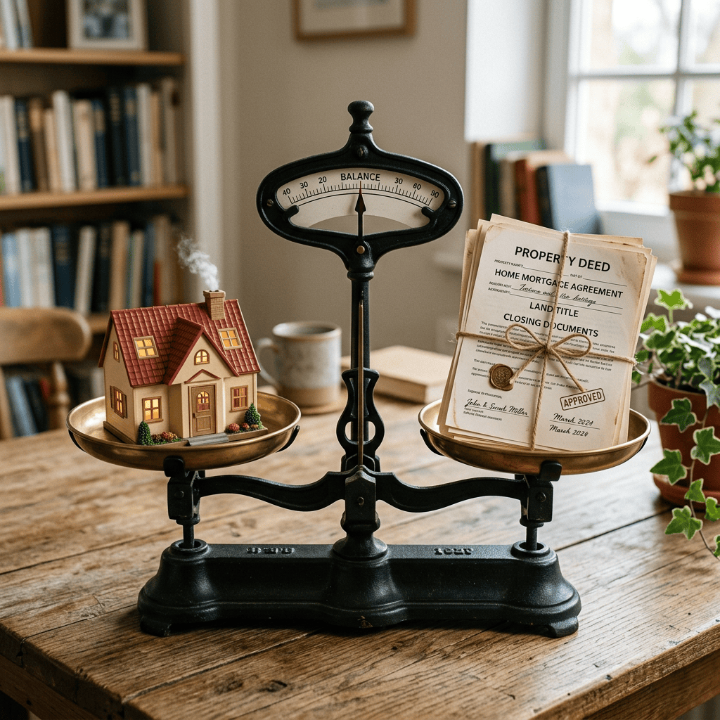 Antique balance scale with a small model house on one side and bundled property documents on the other